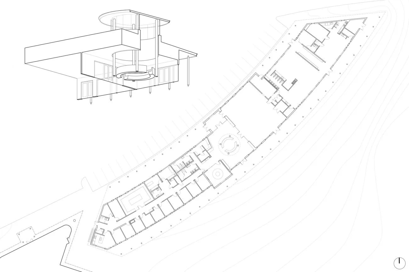 Axonometric drawing and site plan of the expanded health centre.