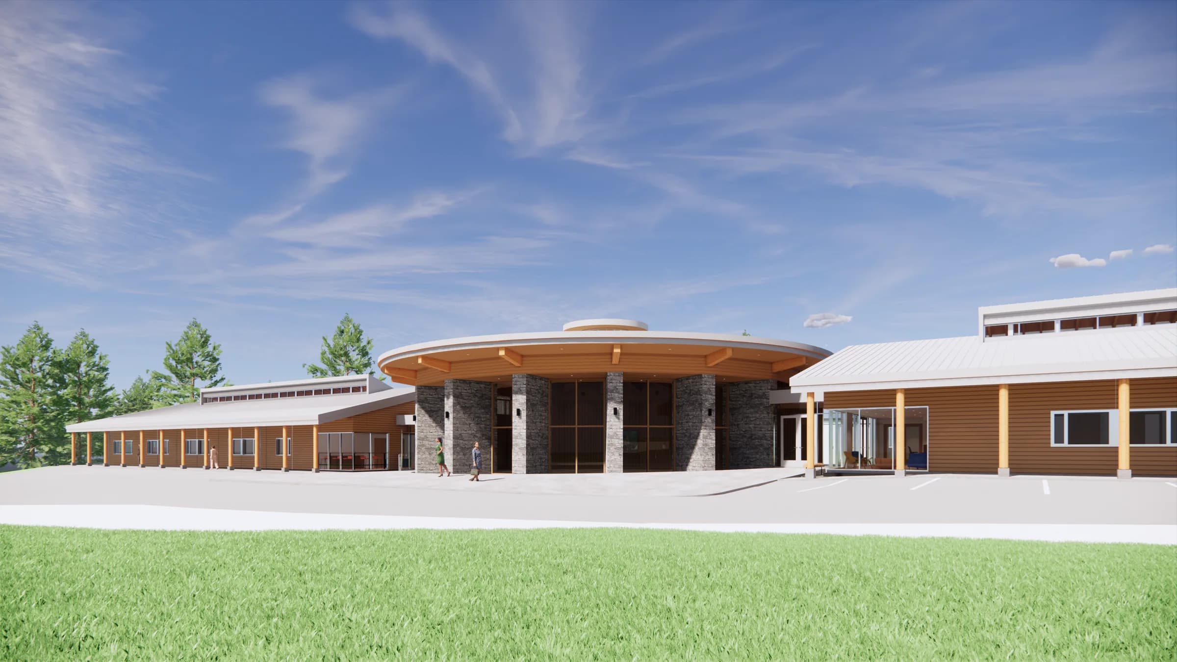 Rendering of the proposed centre, its round band hall drum set between two wings.