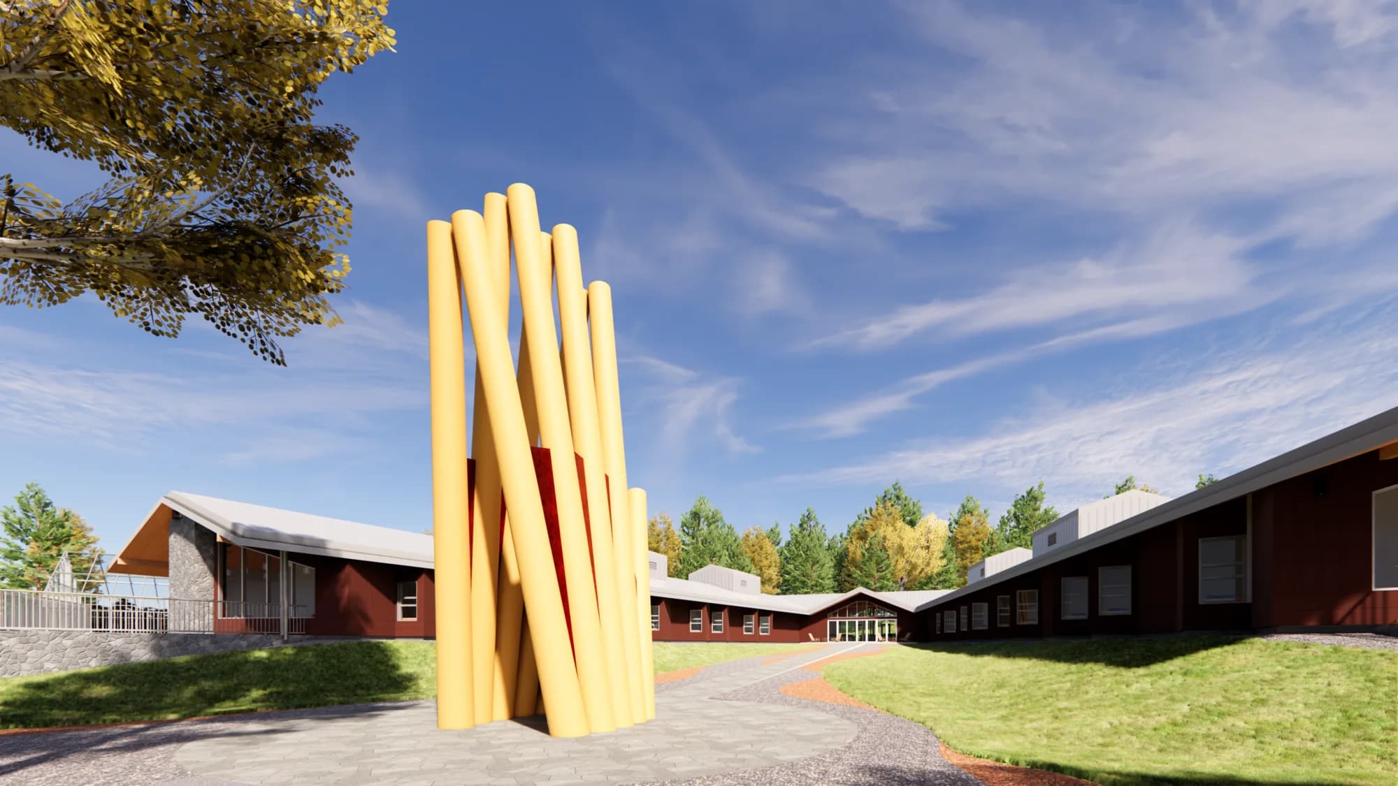 Rendering of the approach, a cluster of tall carved poles standing between the buildings.