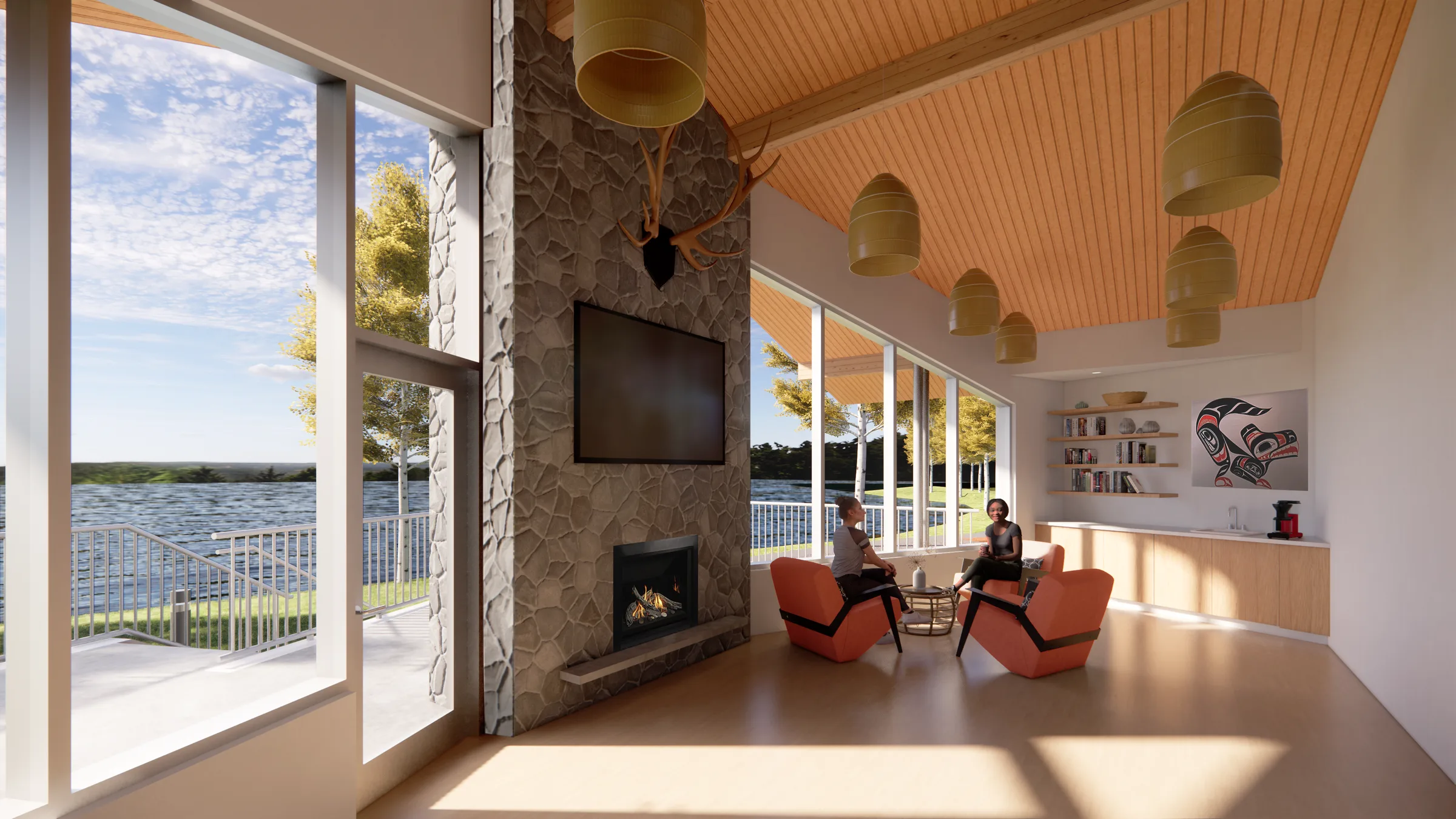 Rendering of a lounge with a stone fireplace, looking out across the lake.
