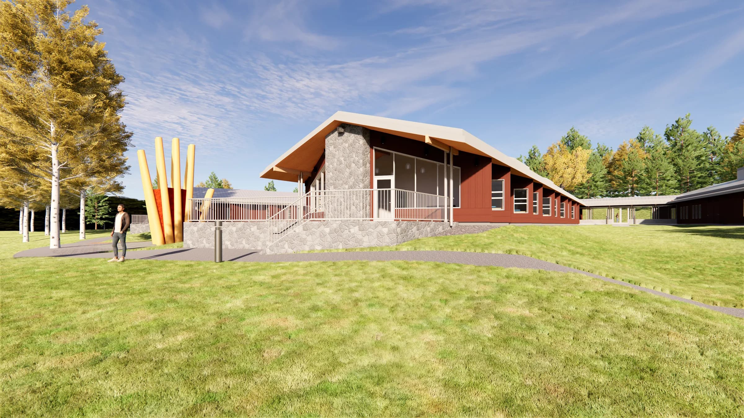 Rendering of the centre from the meadow, the carved poles marking the entrance.