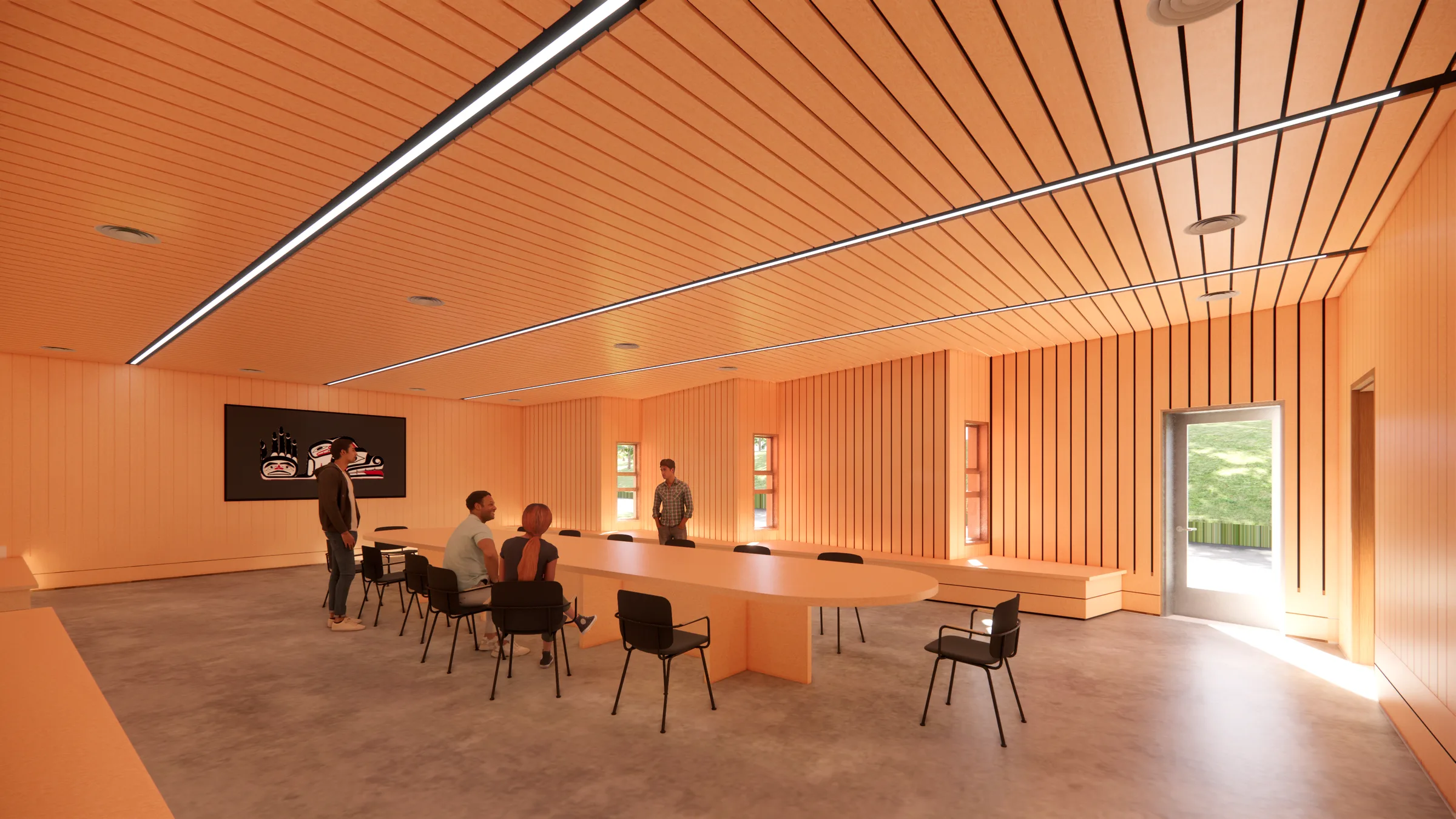 Rendering of a therapy and activities room lined in timber.