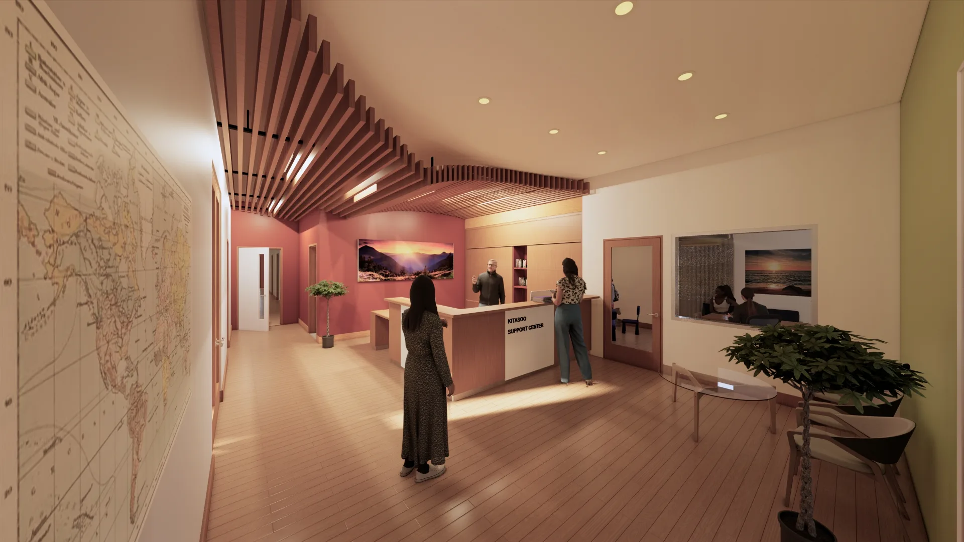Rendering of the reception area, a large map of the territory along one wall.