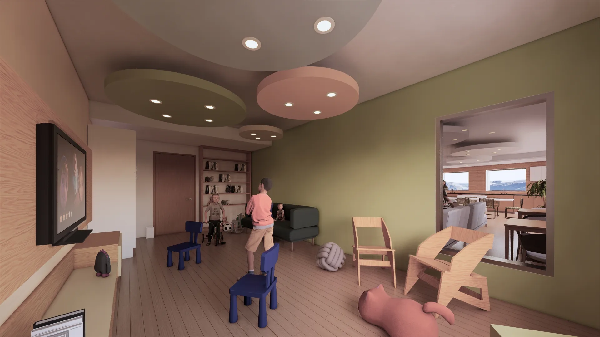 Rendering of the children's room, with low furniture and a view through to the dining area.