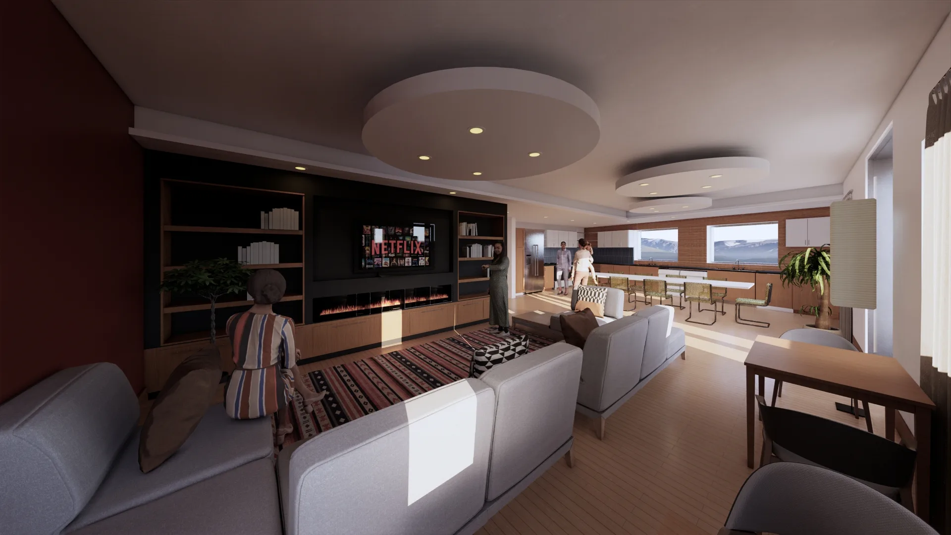 Rendering of the communal living room and kitchen.