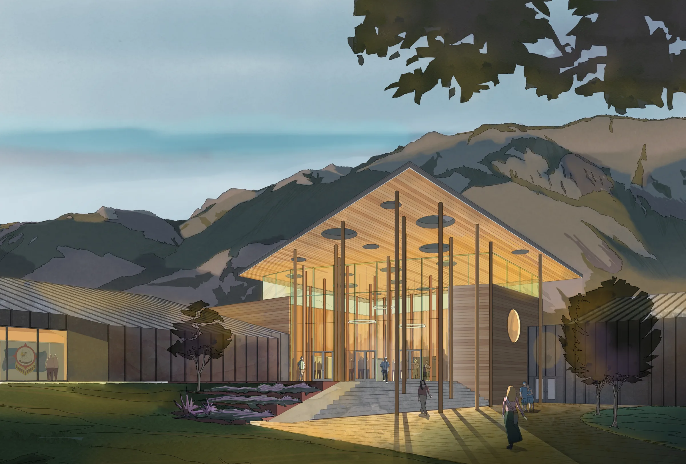 Rendering of the proposed visitor entrance atrium at dusk, its timber columns rising like a forest below the mountains.