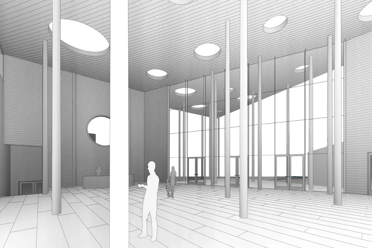 Rendering of the atrium interior, round skylights above a forest of slender columns.