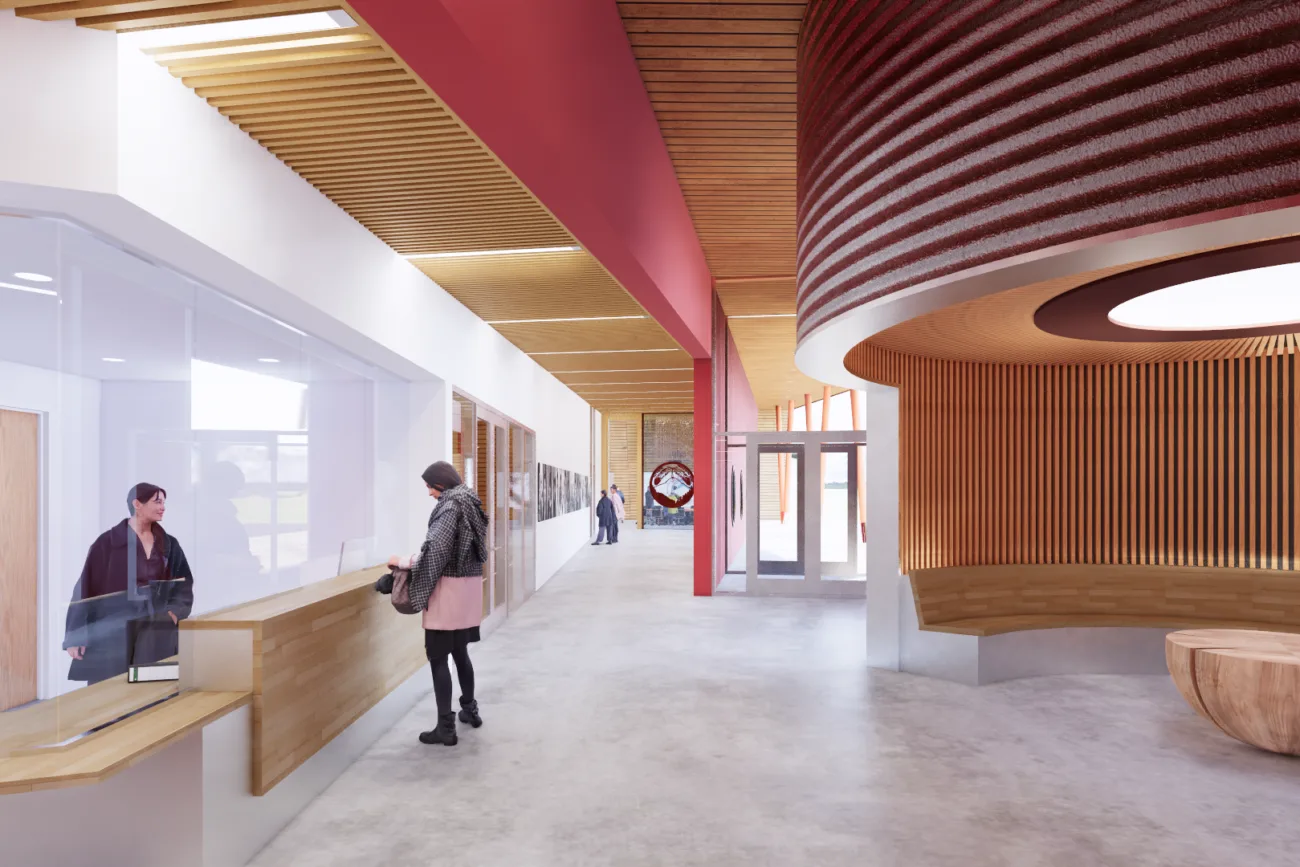 Rendering of the reception desk and lobby, with a curved slatted screen overhead.