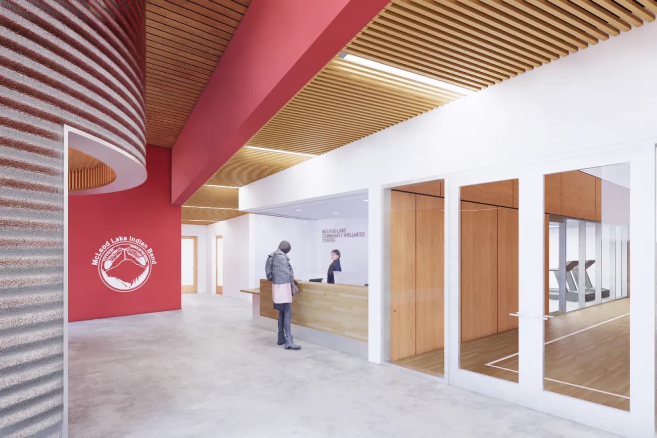 Rendering of the lobby looking towards reception and the exercise room.