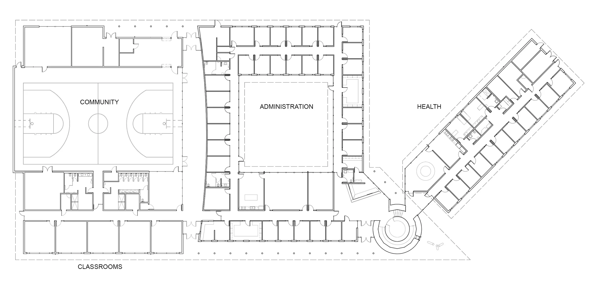 Floor plan showing the community hall, administration and health wings around a central atrium.