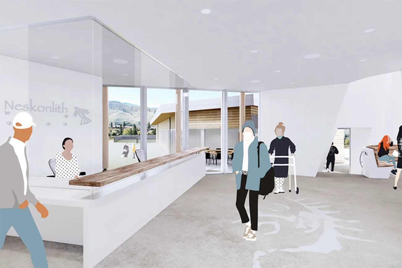 Rendering of the reception area, with a long timber counter and the Neskonlith name on the wall.