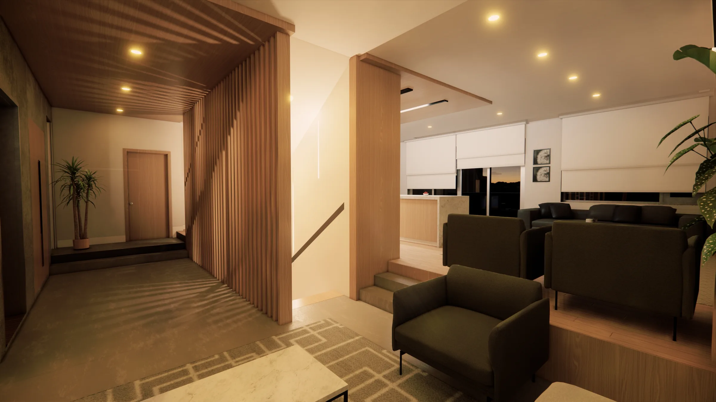 Rendering of the entrance hall looking through to the sitting area.