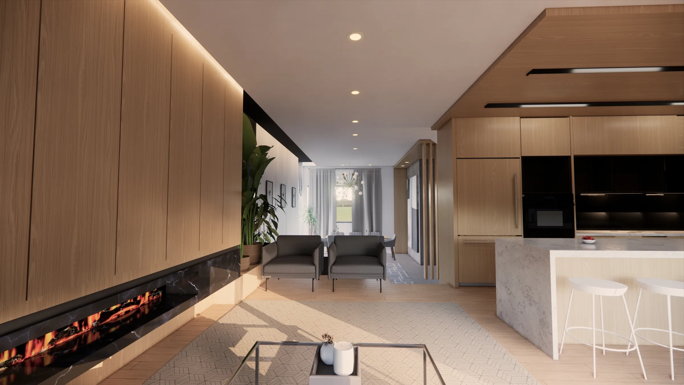 Rendering of the living area, with a full-height timber wall and the kitchen beyond.