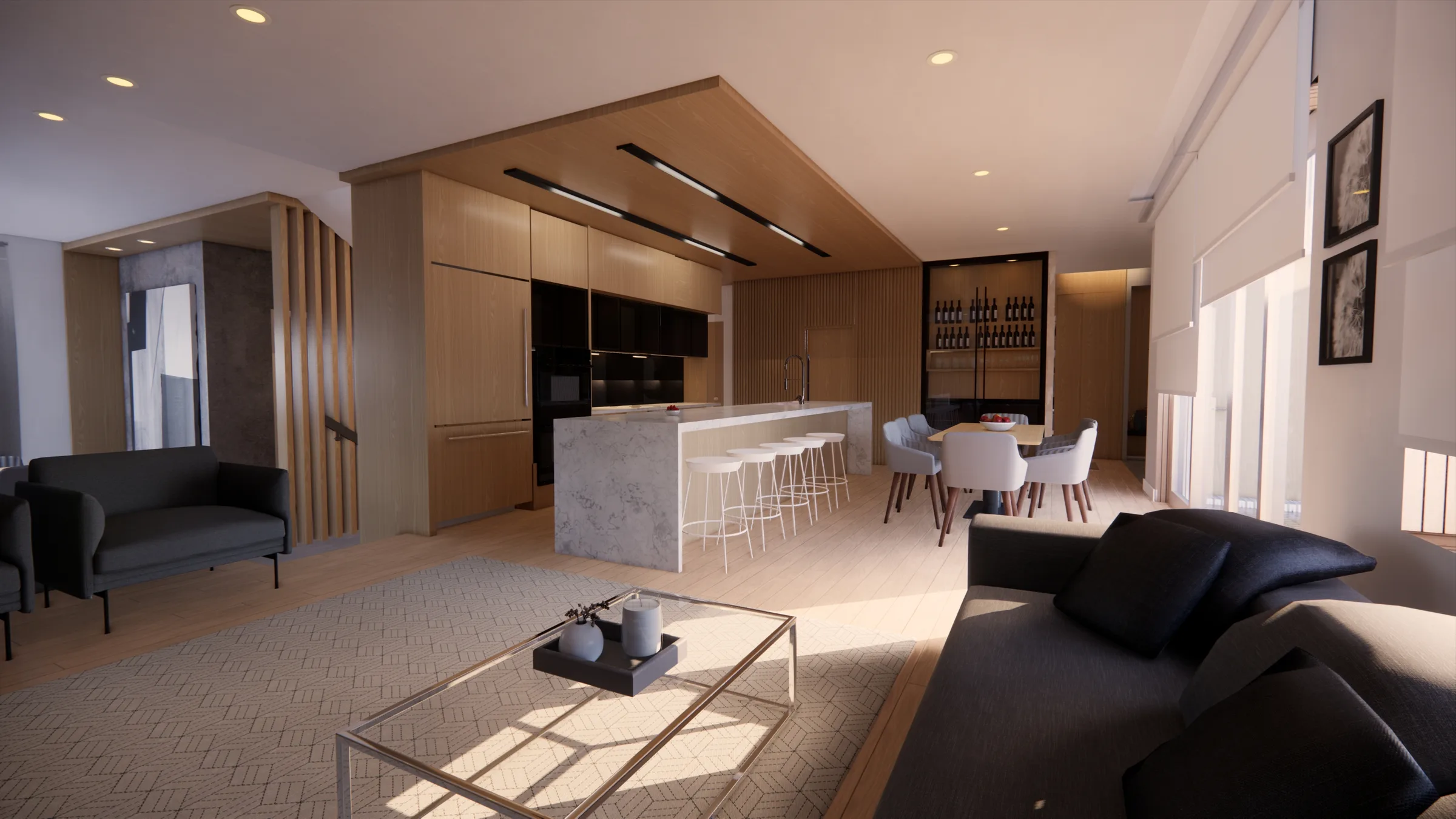 Rendering of the open-plan living, dining and kitchen space.