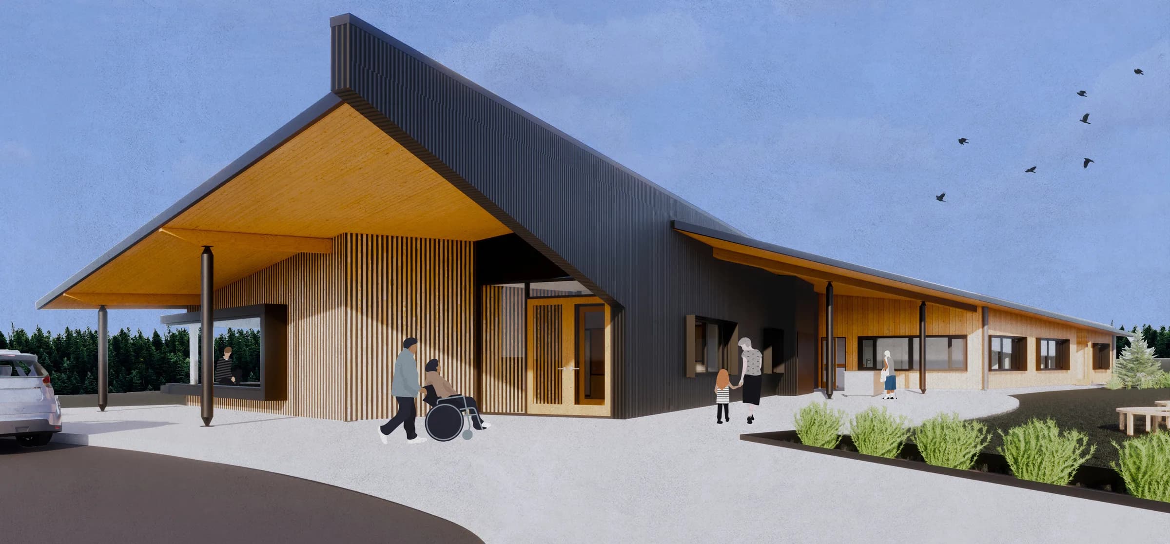Rendering of the health centre, its broad angled roof sheltering a timber-clad entrance.
