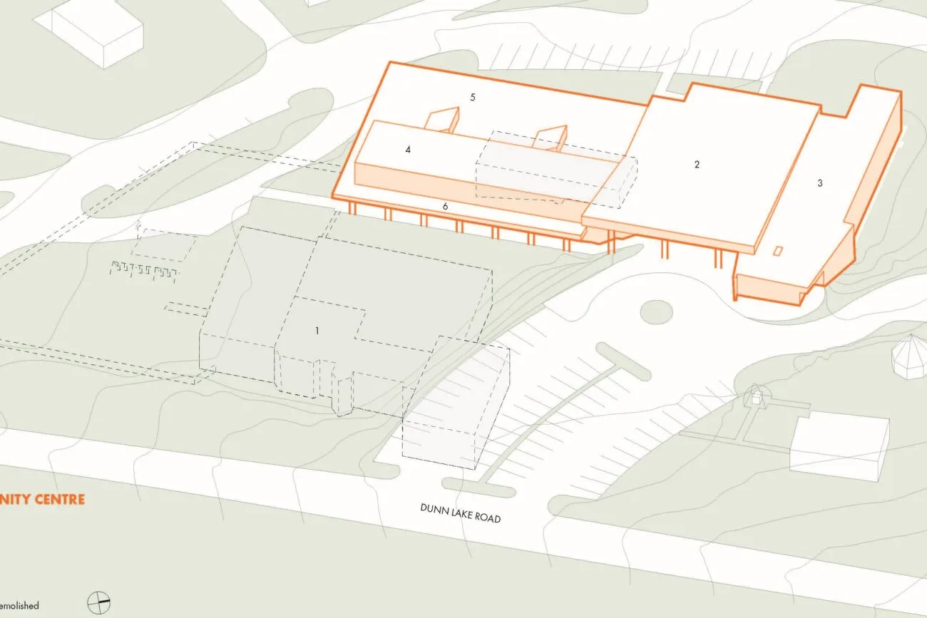 Site plan showing the new centre alongside the existing buildings on Dunn Lake Road.