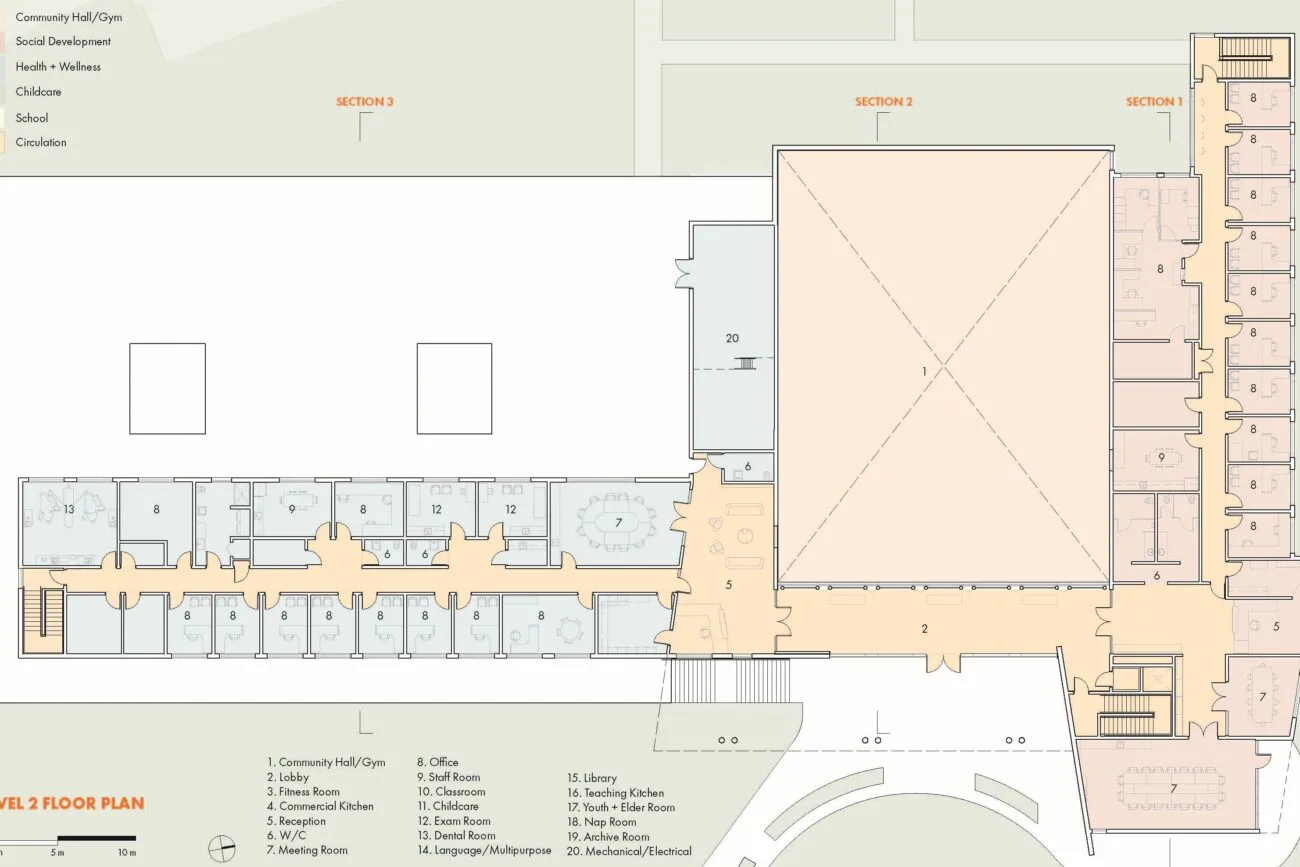 Level 2 floor plan, showing administration, health and the community hall.