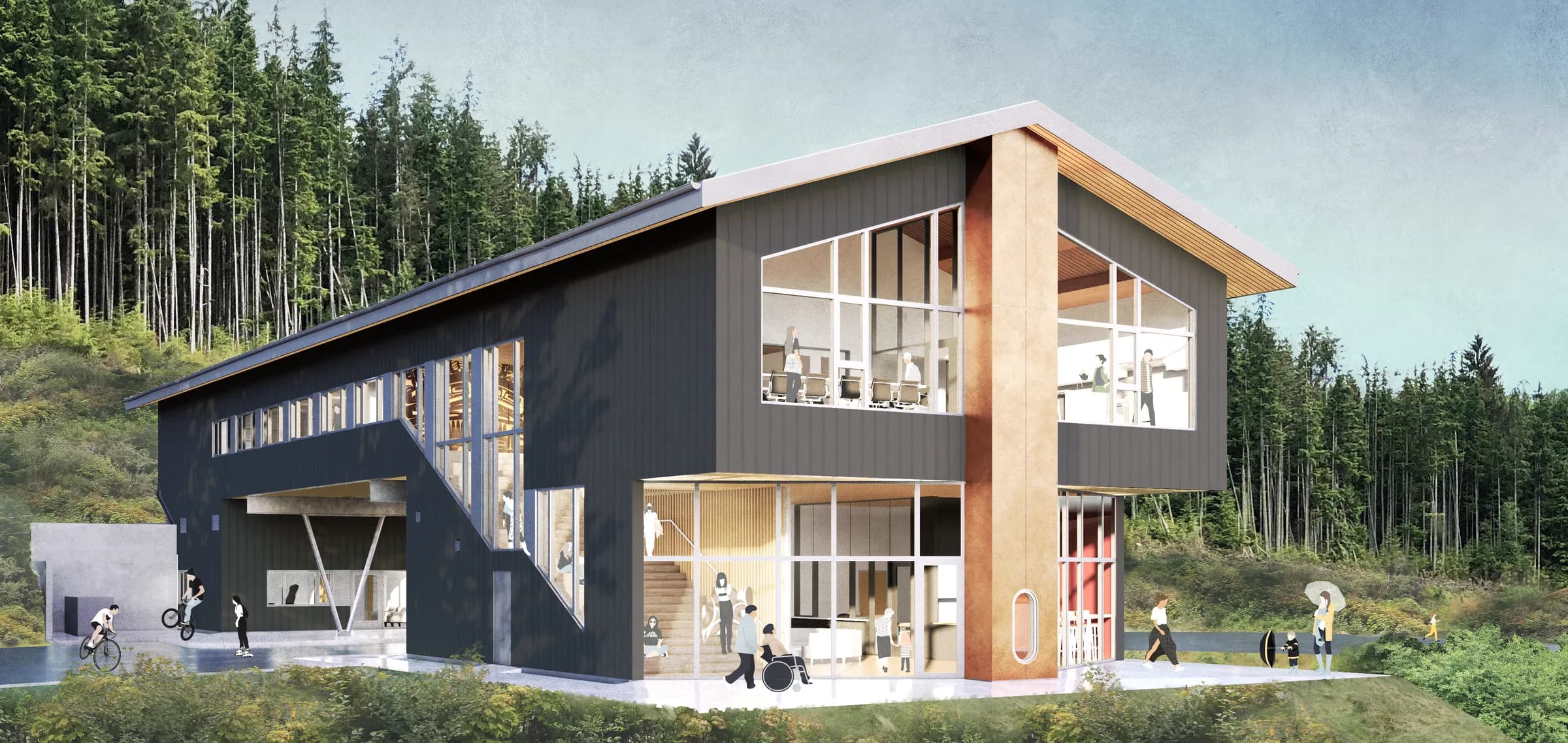 Rendering of the centre among the forest, its two-storey form clad in dark board with a timber-framed entrance.