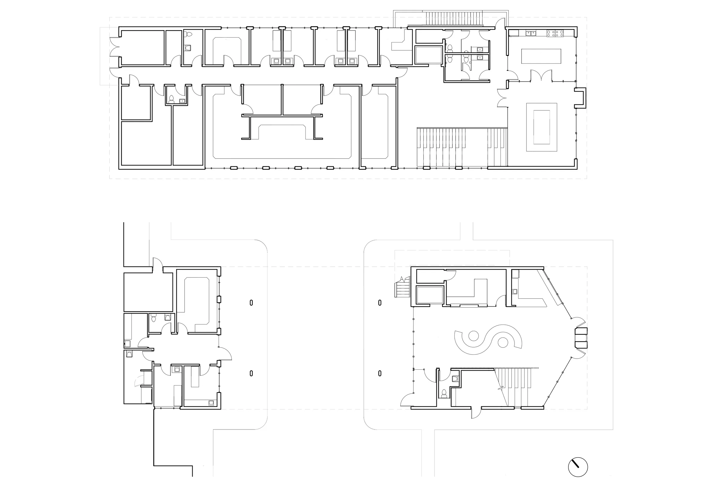Floor plans and building sections for the health centre.