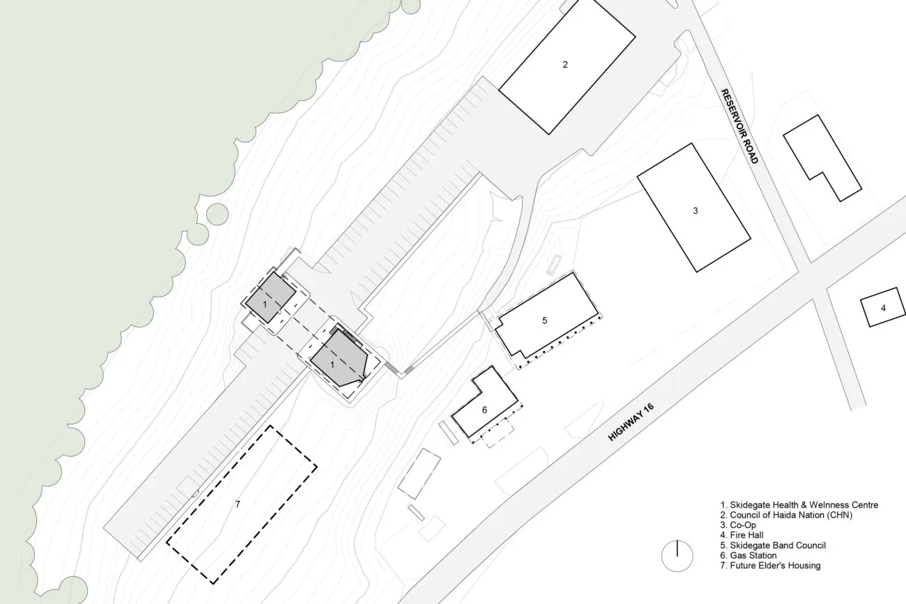 Site plan showing the centre alongside the Council of the Haida Nation, the Co-Op, the fire hall and the band council offices.