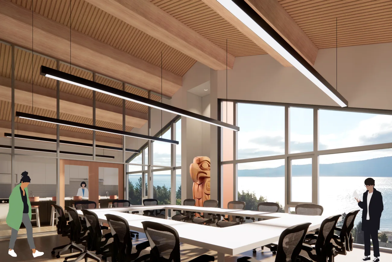 Rendering of a meeting room looking out over the Pacific, a carved pole standing beside the window.