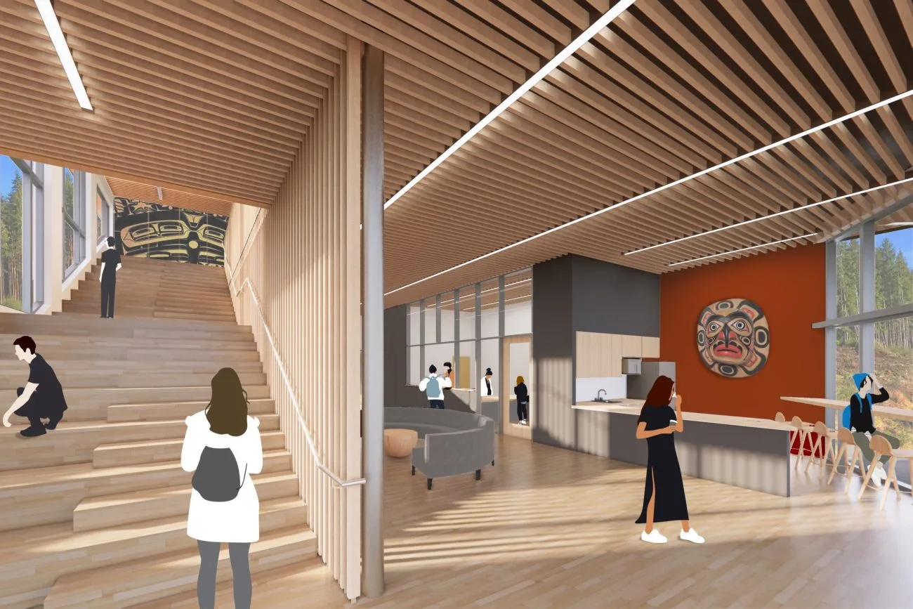 Rendering of the central stair and reception under a slatted timber ceiling.