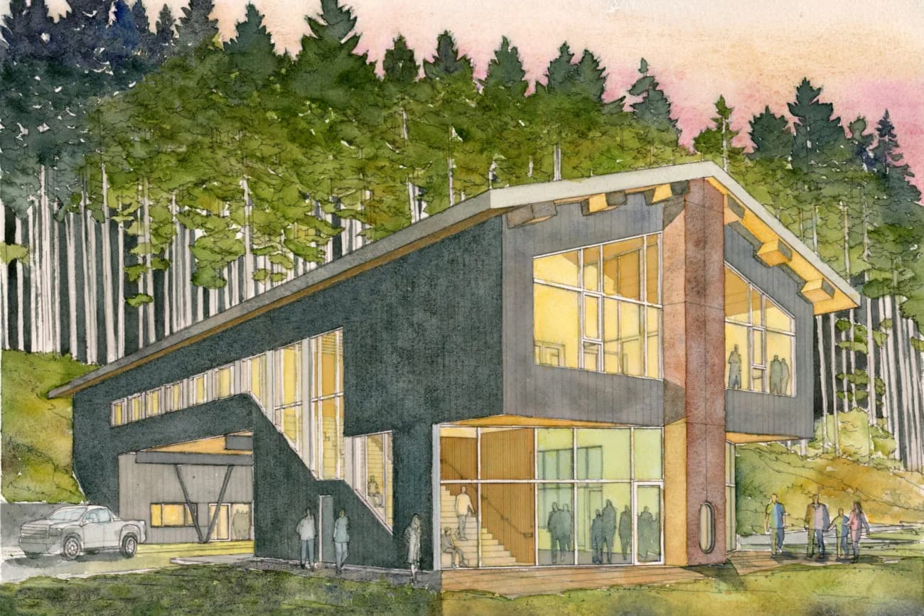 Watercolour-style rendering of the centre set into the forest edge.