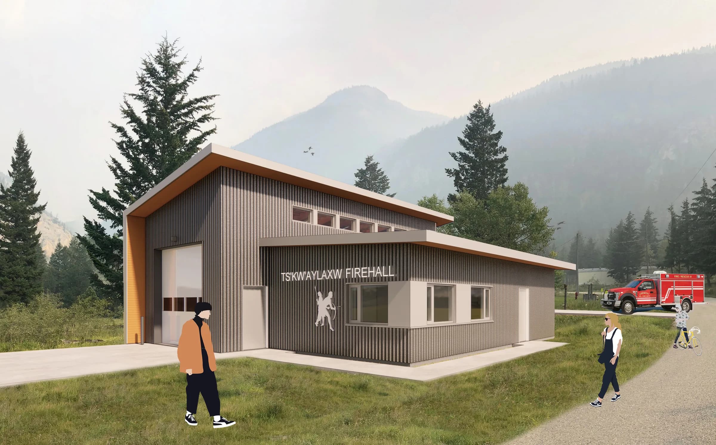 Rendering of the proposed fire hall, its vehicle bay and timber-clad office wing set below the mountains at Marble Canyon.