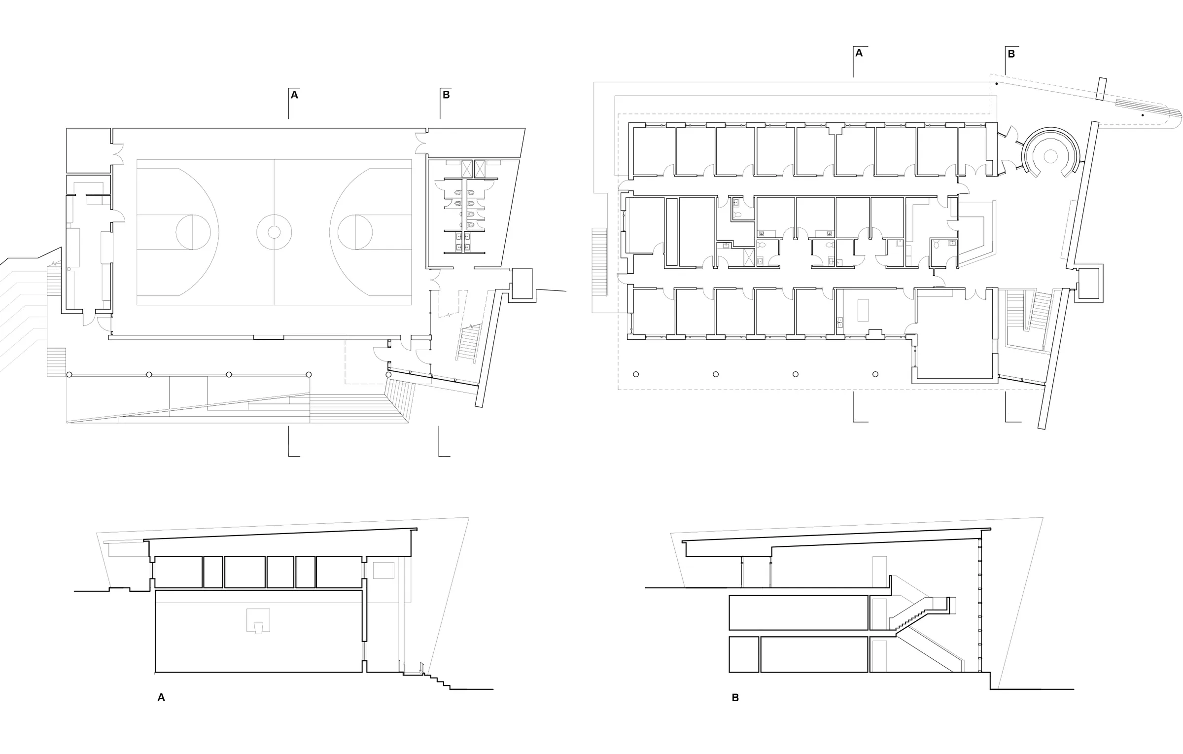 Architectural floor plans and building sections for the centre.