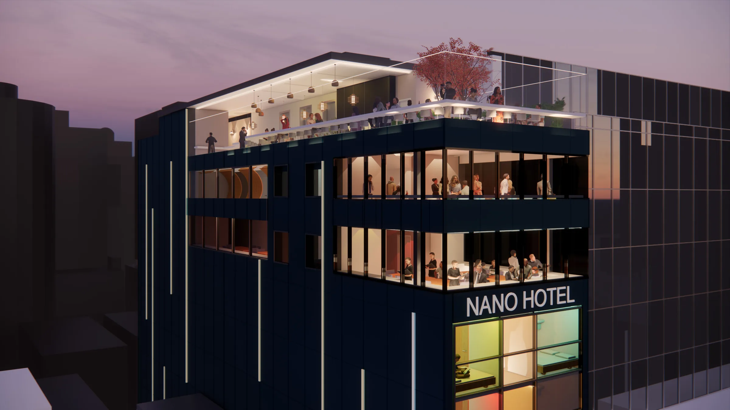 Roof top and amenities with view of downtown and North Shore.